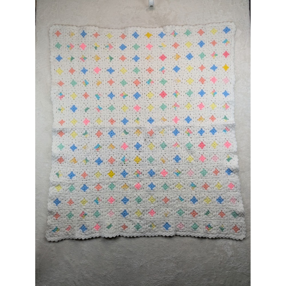 Handmade Crochet Granny Square Baby Blanket Afghan Pink Yellow Blue Green Unisex